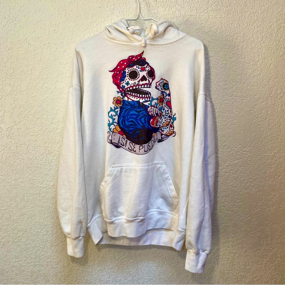 Jon Lauren Hoodie Adult Large White SI SE PUEDE Pullover Sweatshirt Calaveras